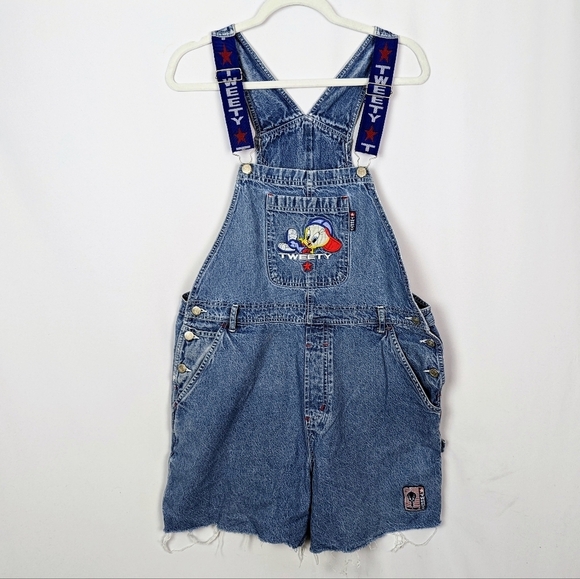 Vintage Y2K 90s Looney Tunes XL Tweety Bird Denim Jeans Overalls Cut Off Shorts - Picture 1 of 13